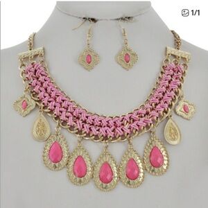 Gold & Pink Statement Necklace Set - Women Jewelry